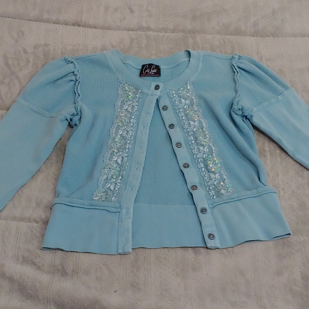 Blue Cardigan with Sparkly Lace Detail